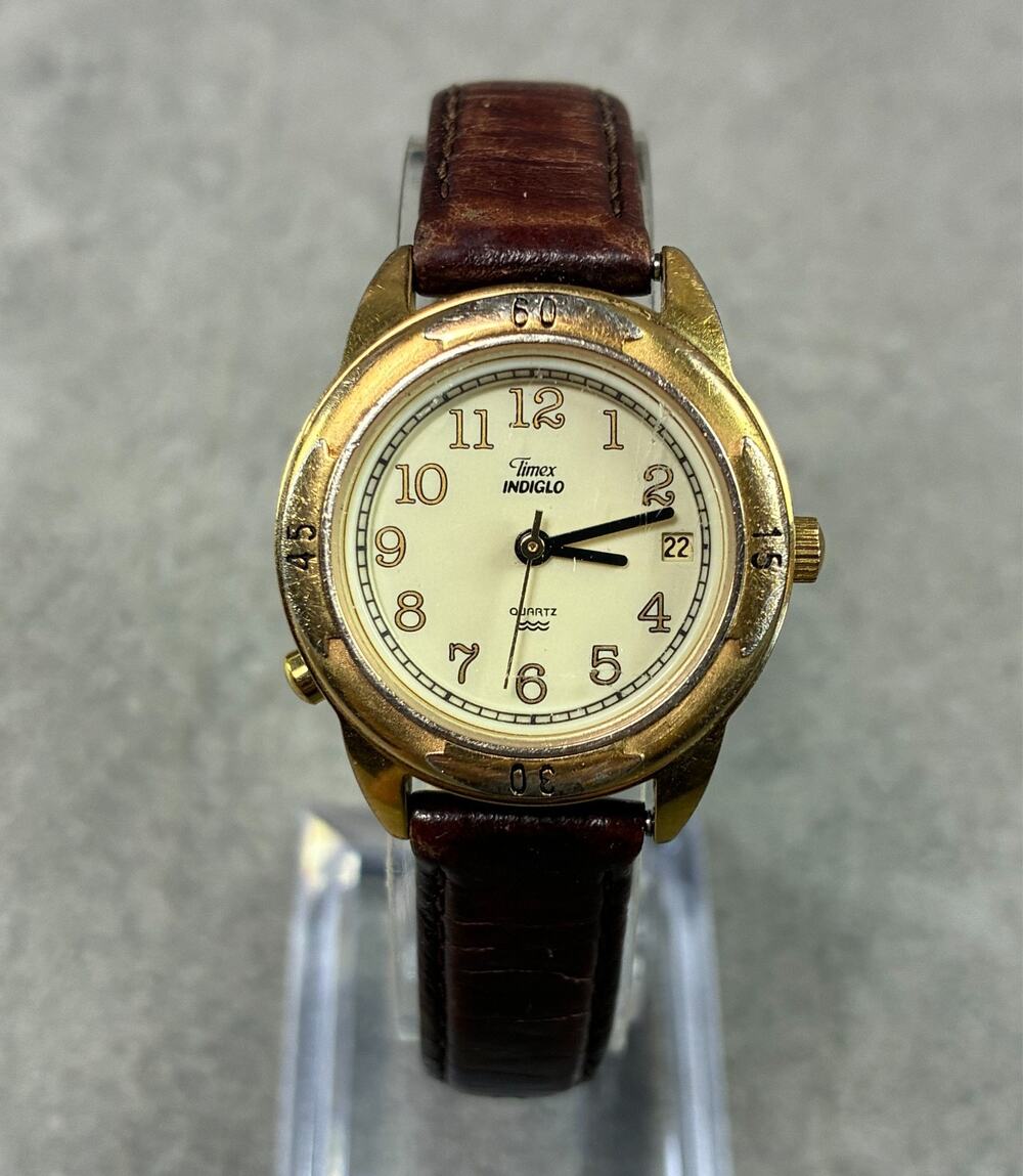 Timex Women’s Quartz Watch 27mm Gold Cream Dial Date Brown Leather 1996 Working